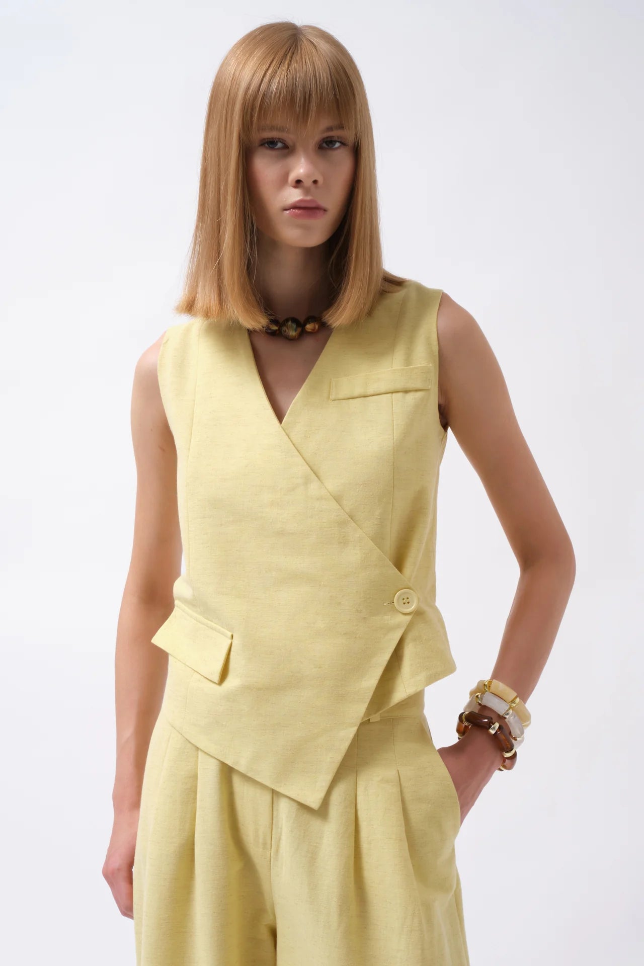 Side Button Asymmetrical Linen Vest