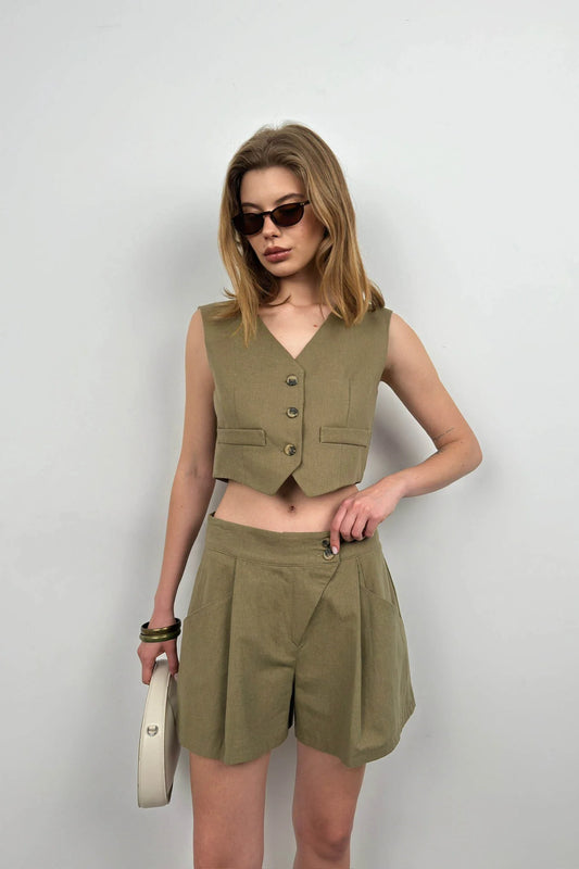 Linen Vest Khaki Shorts Set