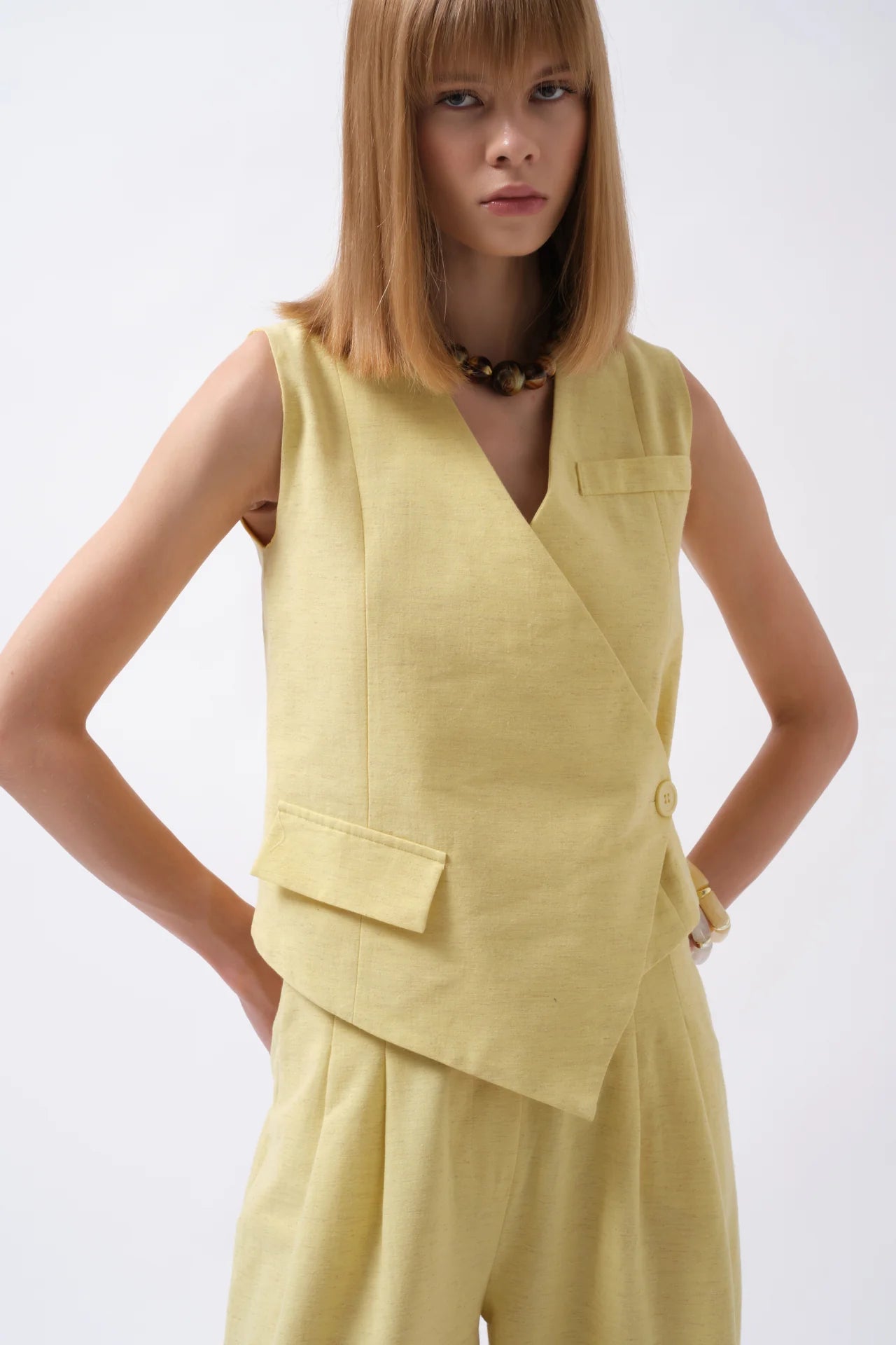 Side Button Asymmetrical Linen Vest