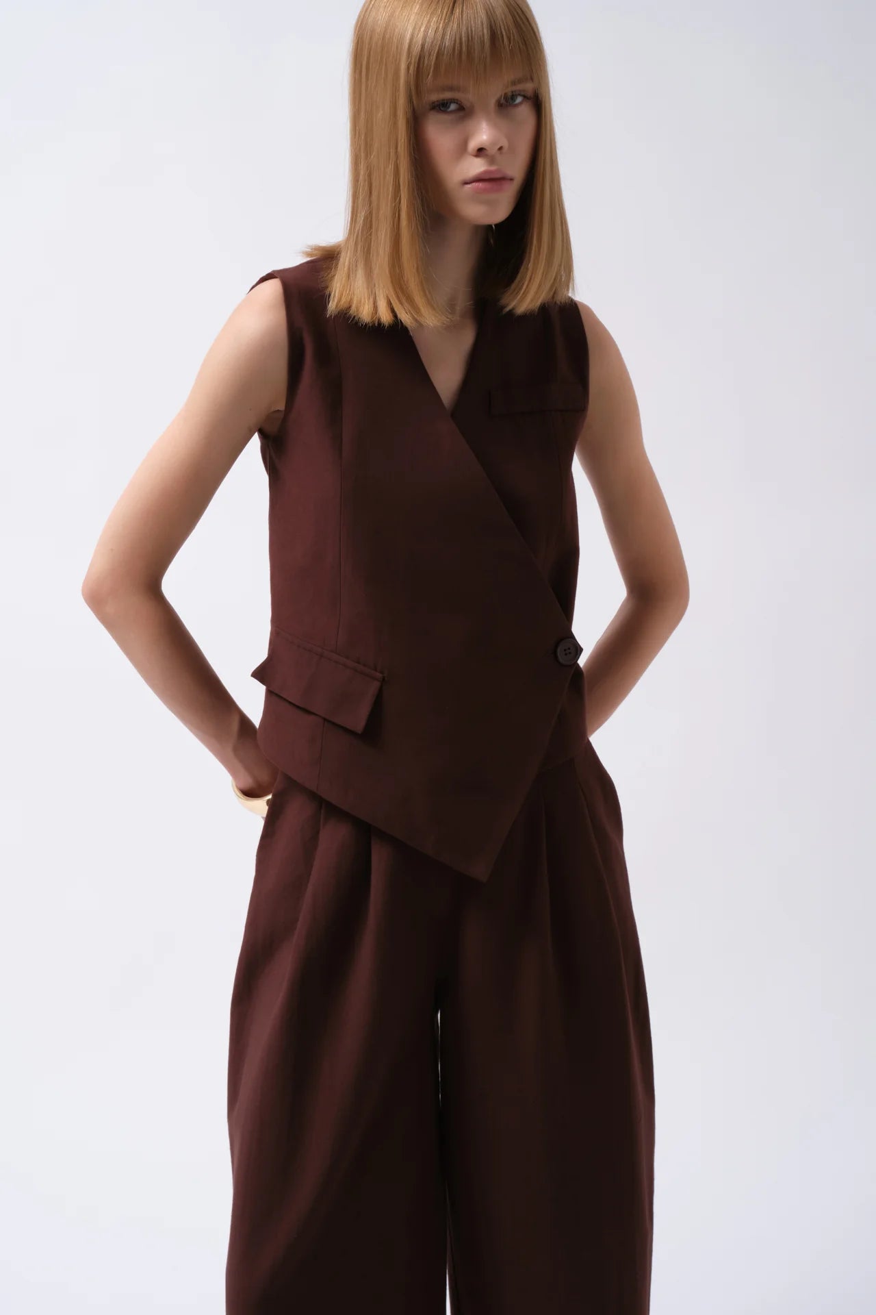 Side Button Asymmetrical Linen Vest
