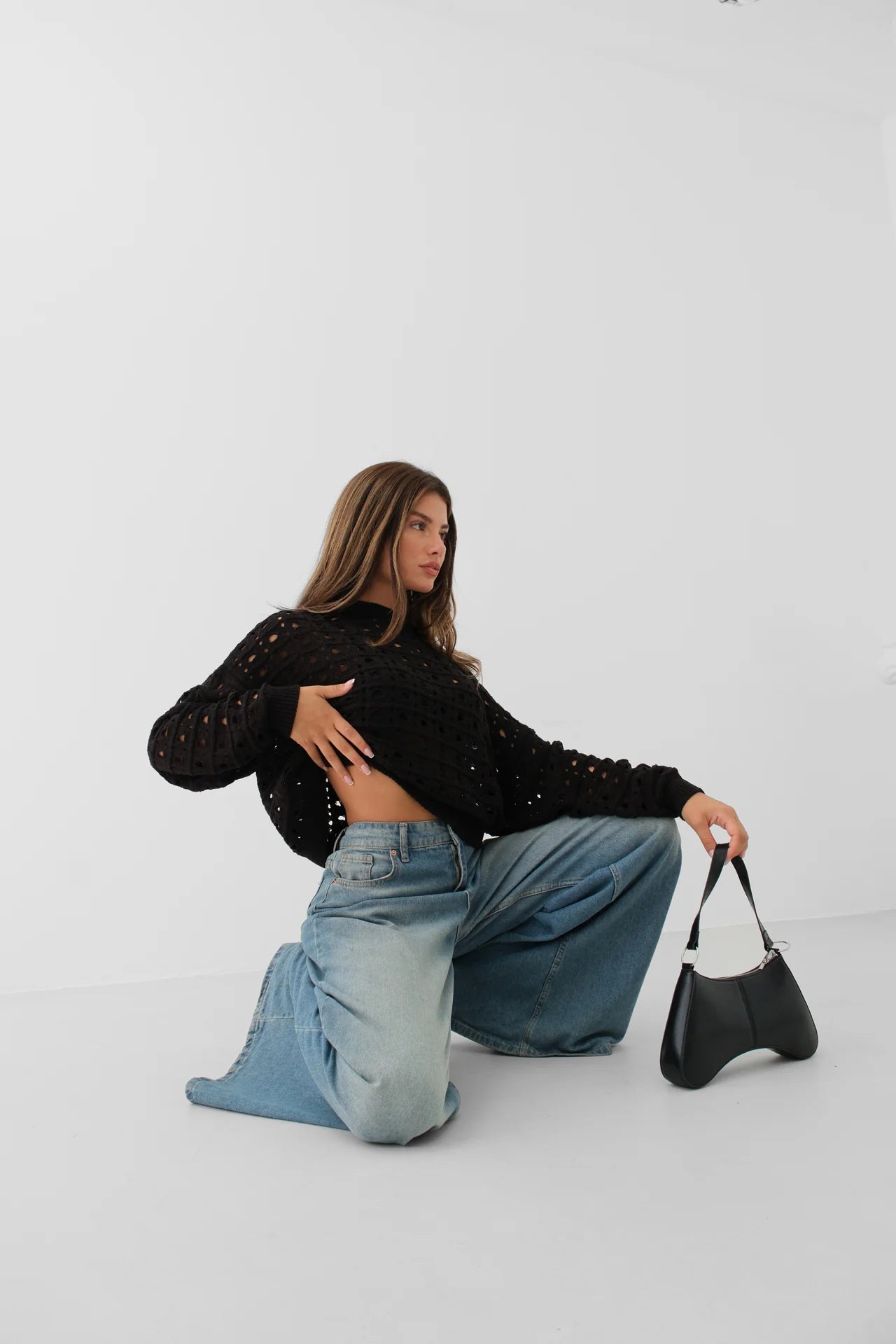 Openwork Crew Neck Black Sweater