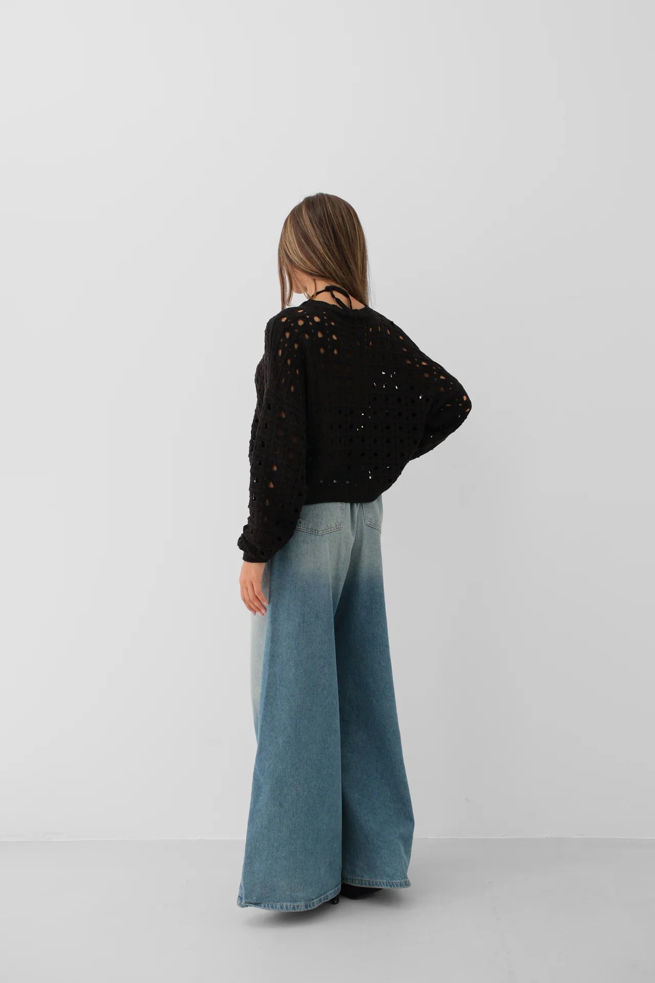 Openwork Crew Neck Black Sweater