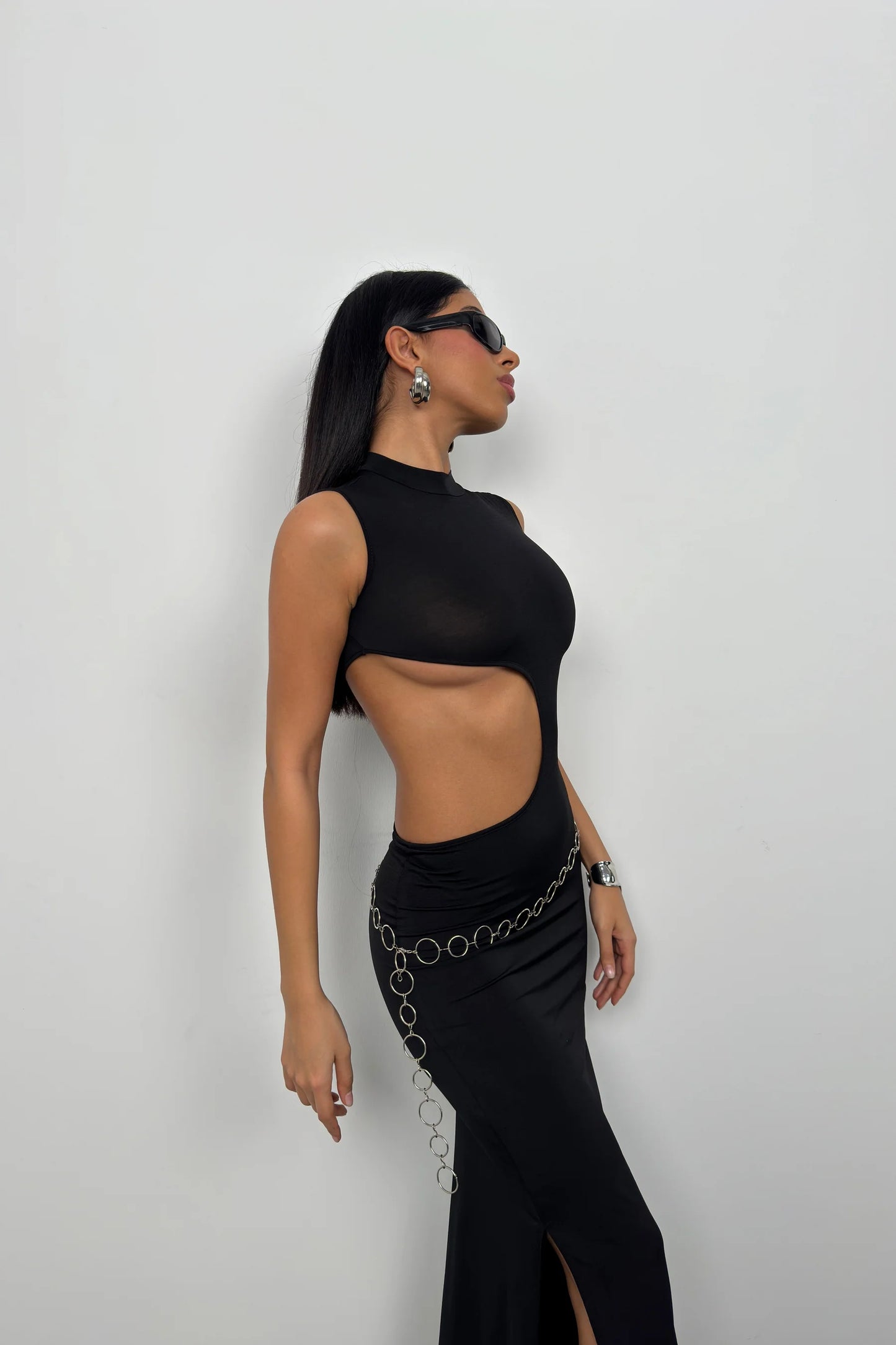 Asymmetric Waist Belted Long Dress