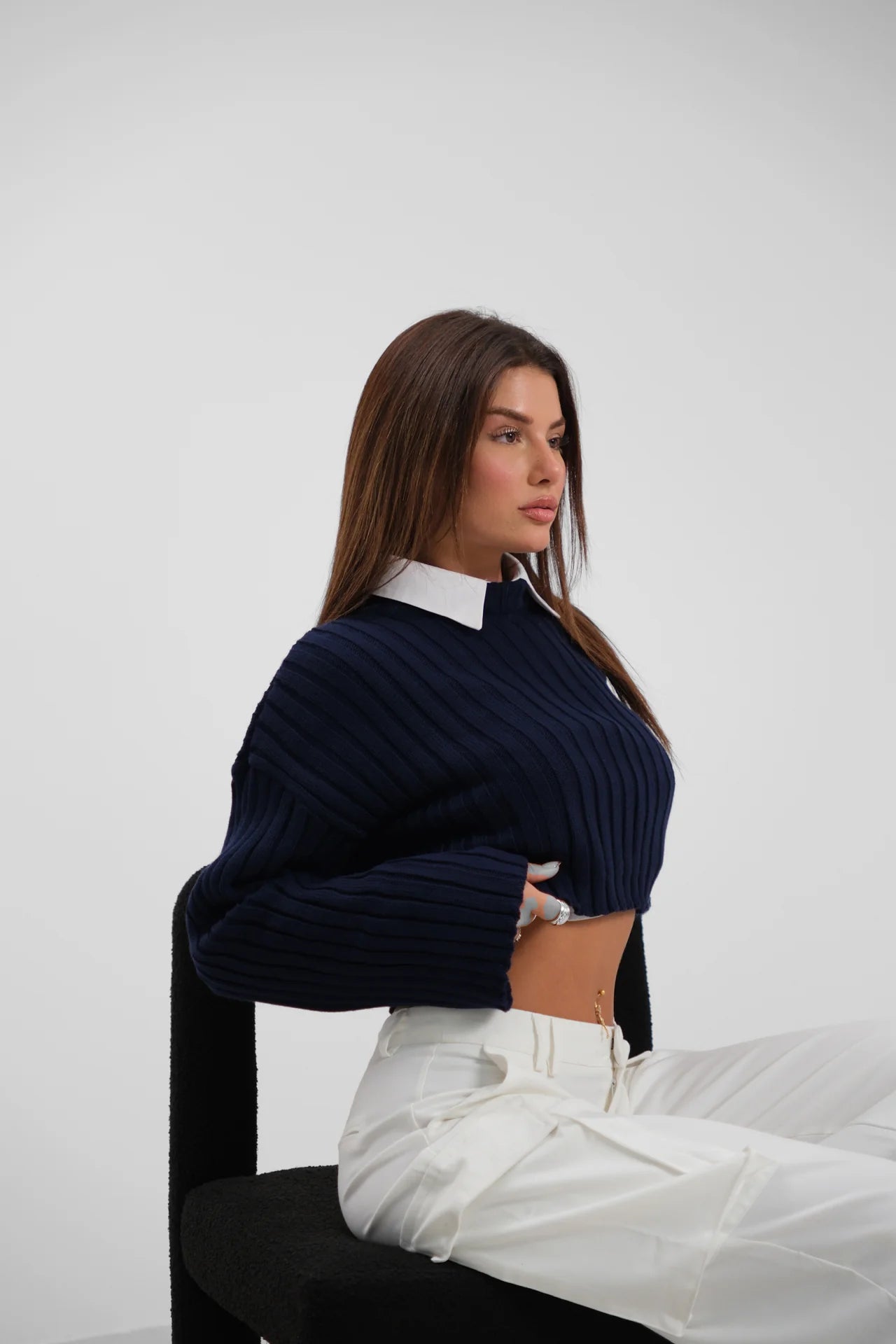 Ribbed Crop Knitwear Navy Blue Sweater