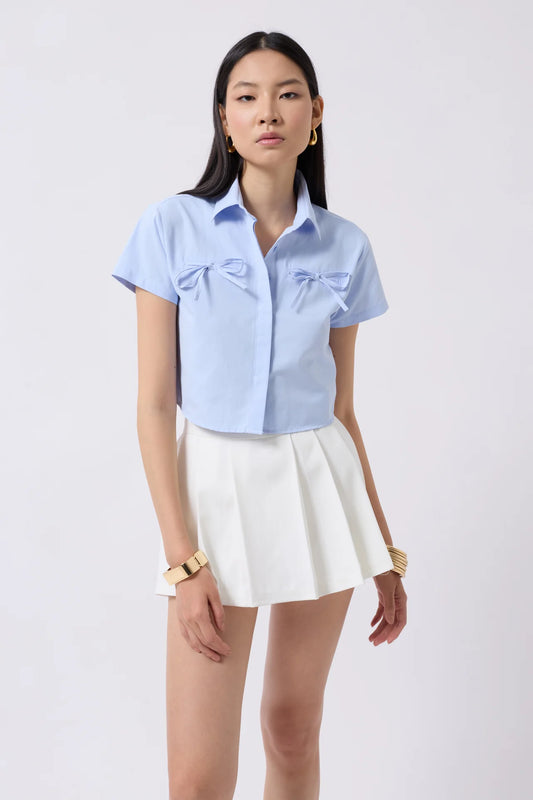 Ribbon Detail Crop Blue Shirt
