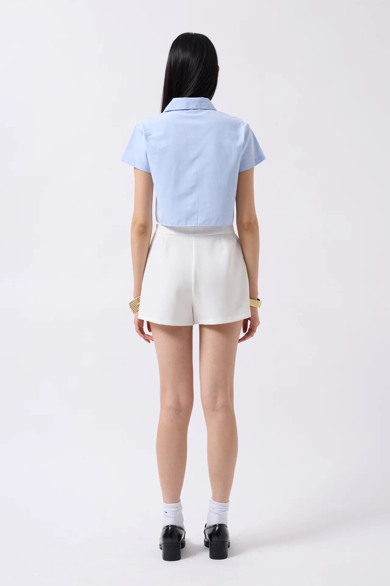 Ribbon Detail Crop Blue Shirt