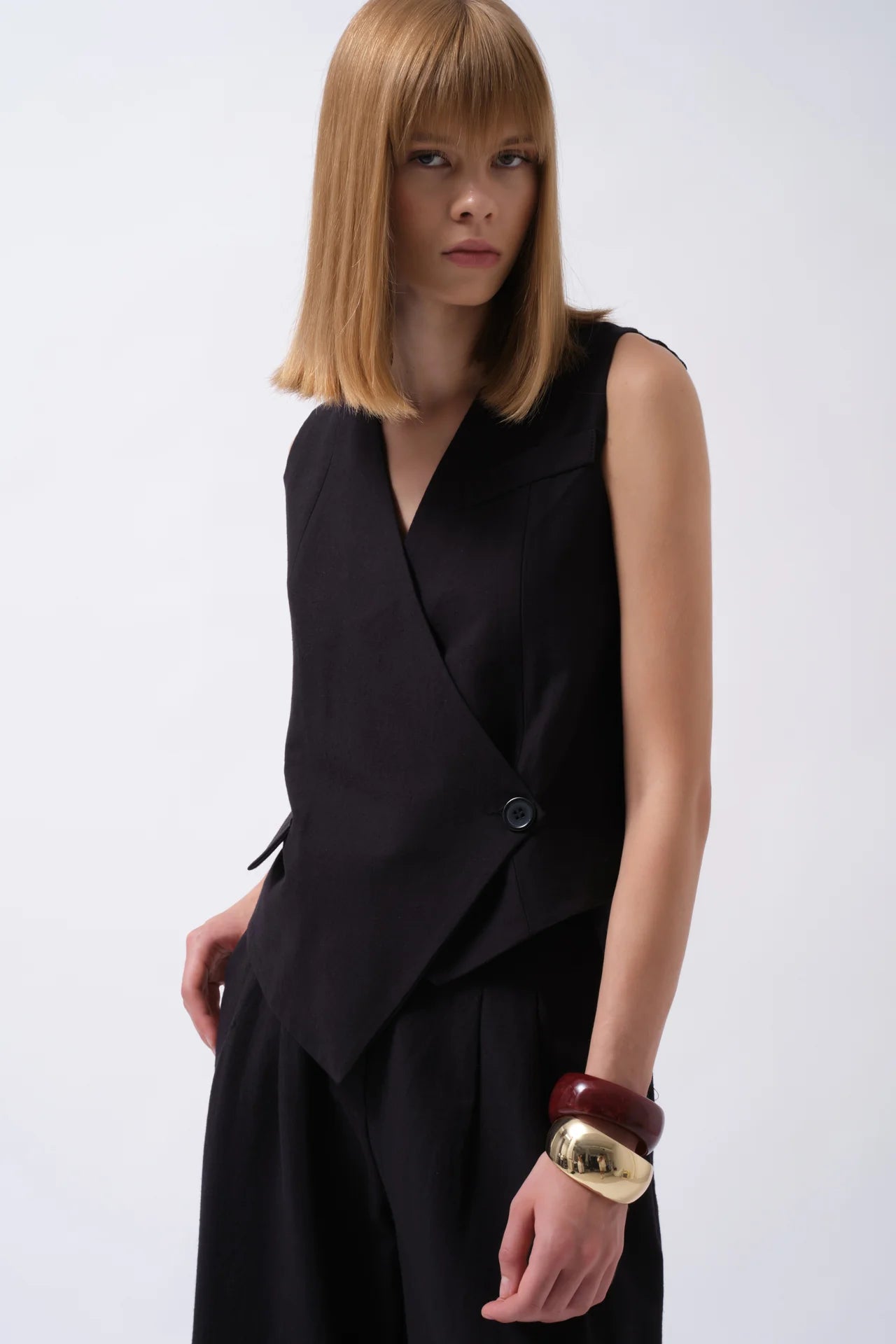 Side Button Asymmetrical Linen Vest