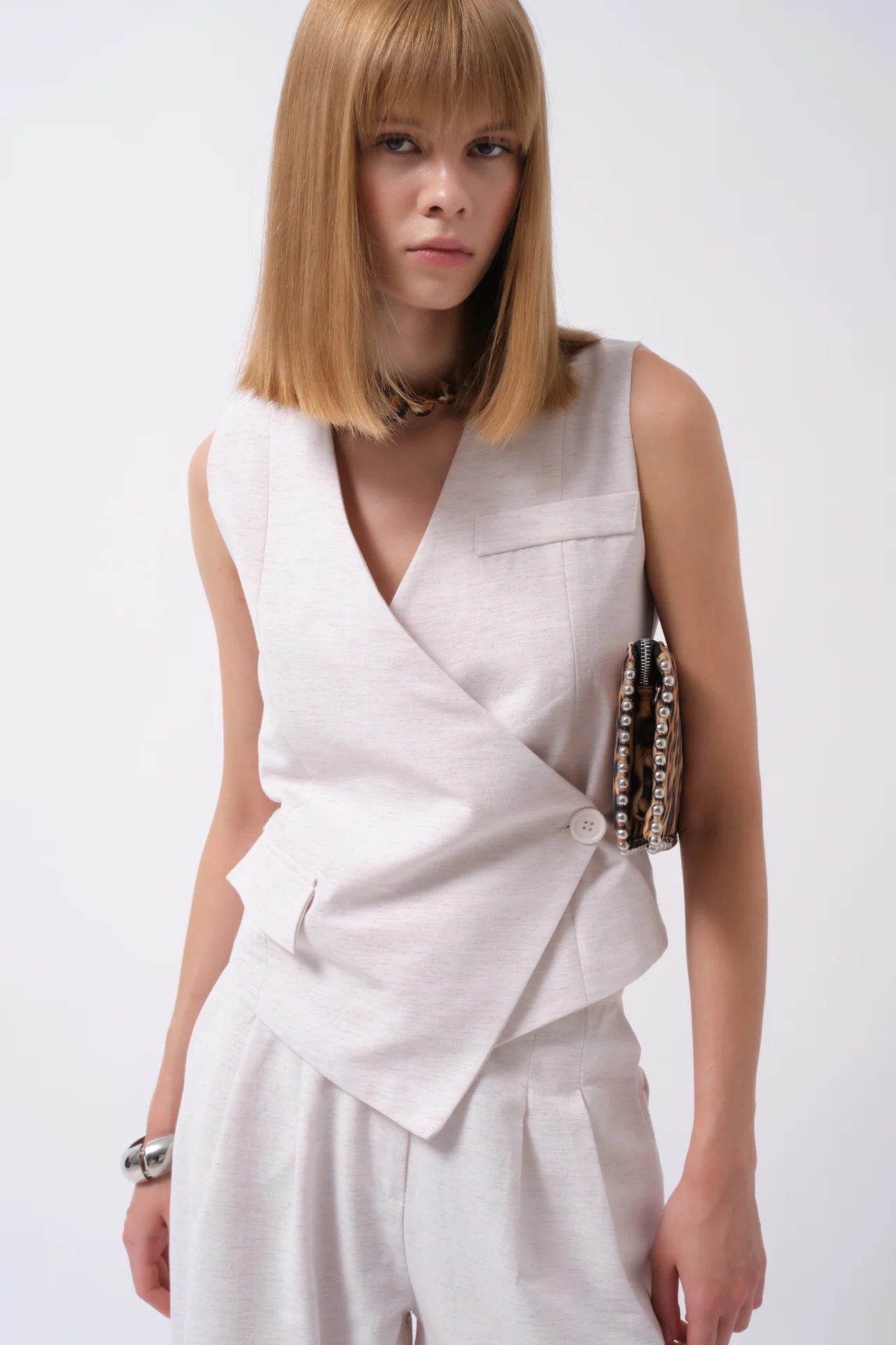 Side Button Asymmetrical Linen Vest