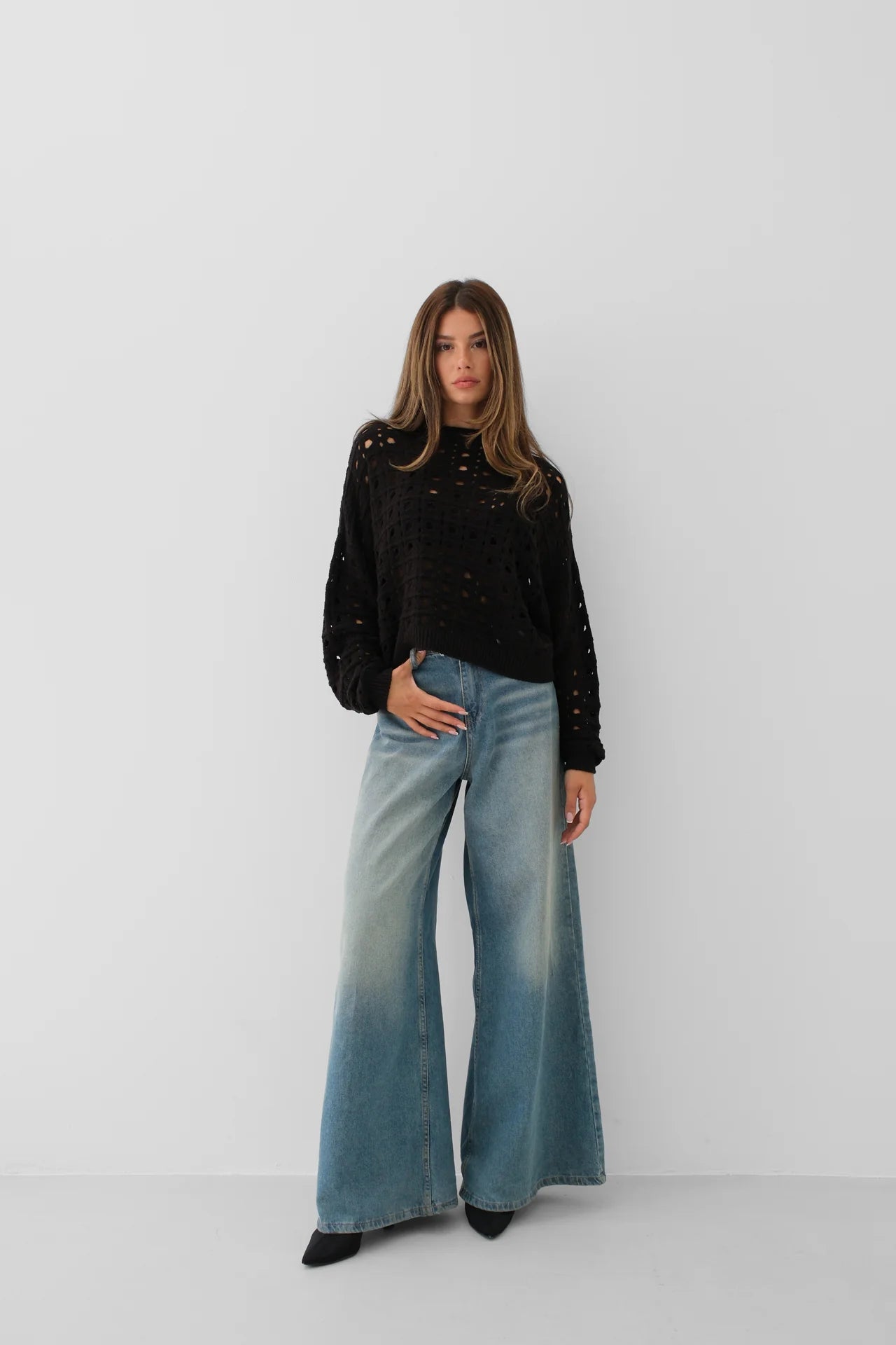 Openwork Crew Neck Black Sweater