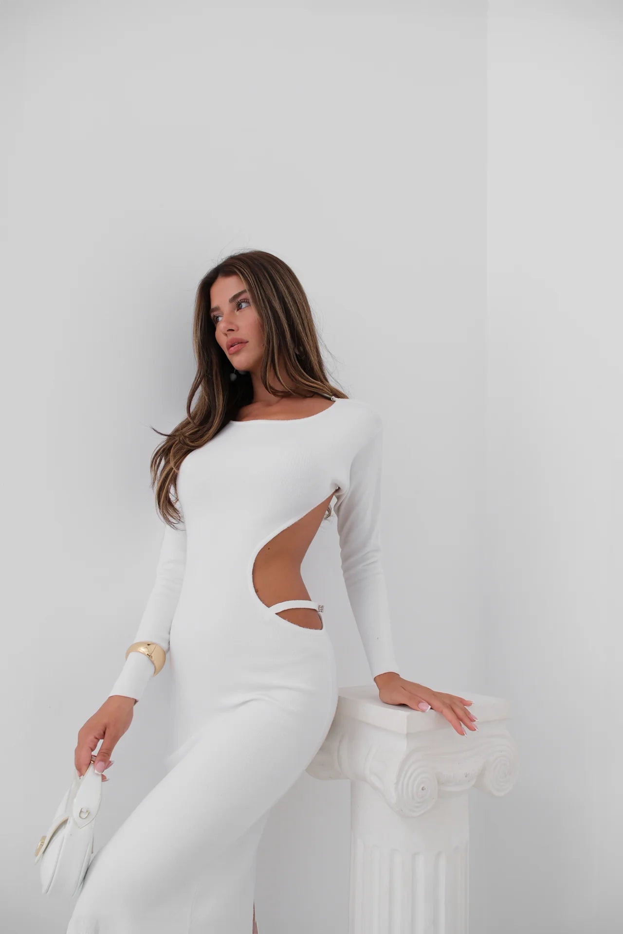 Crew Neck Backless White Dress