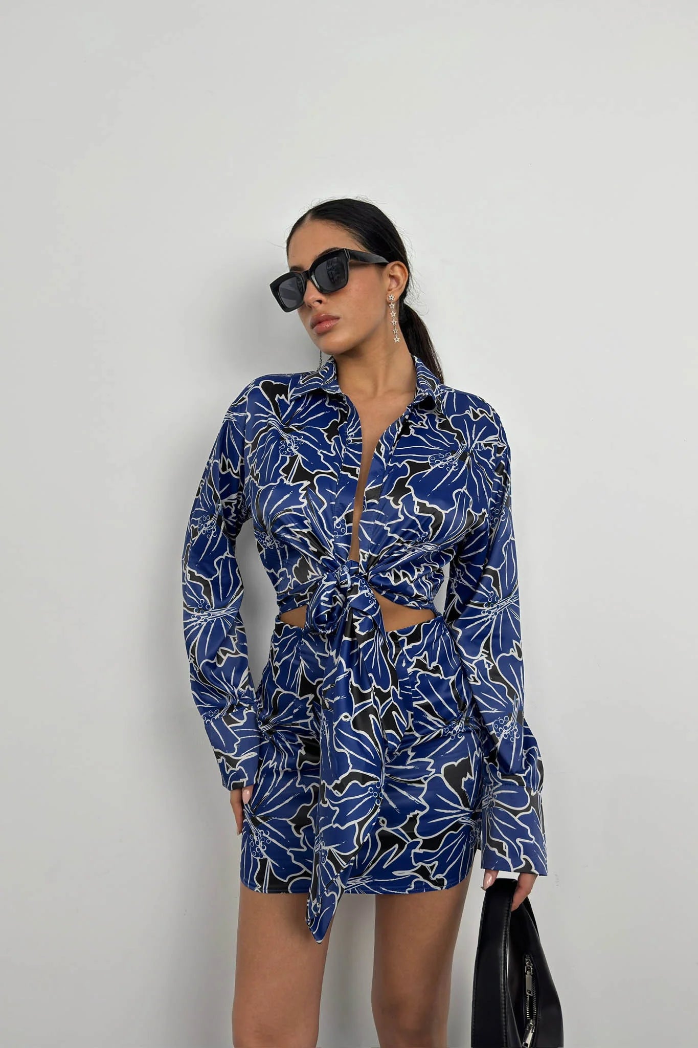 Patterned Tied Blue Mini Dress