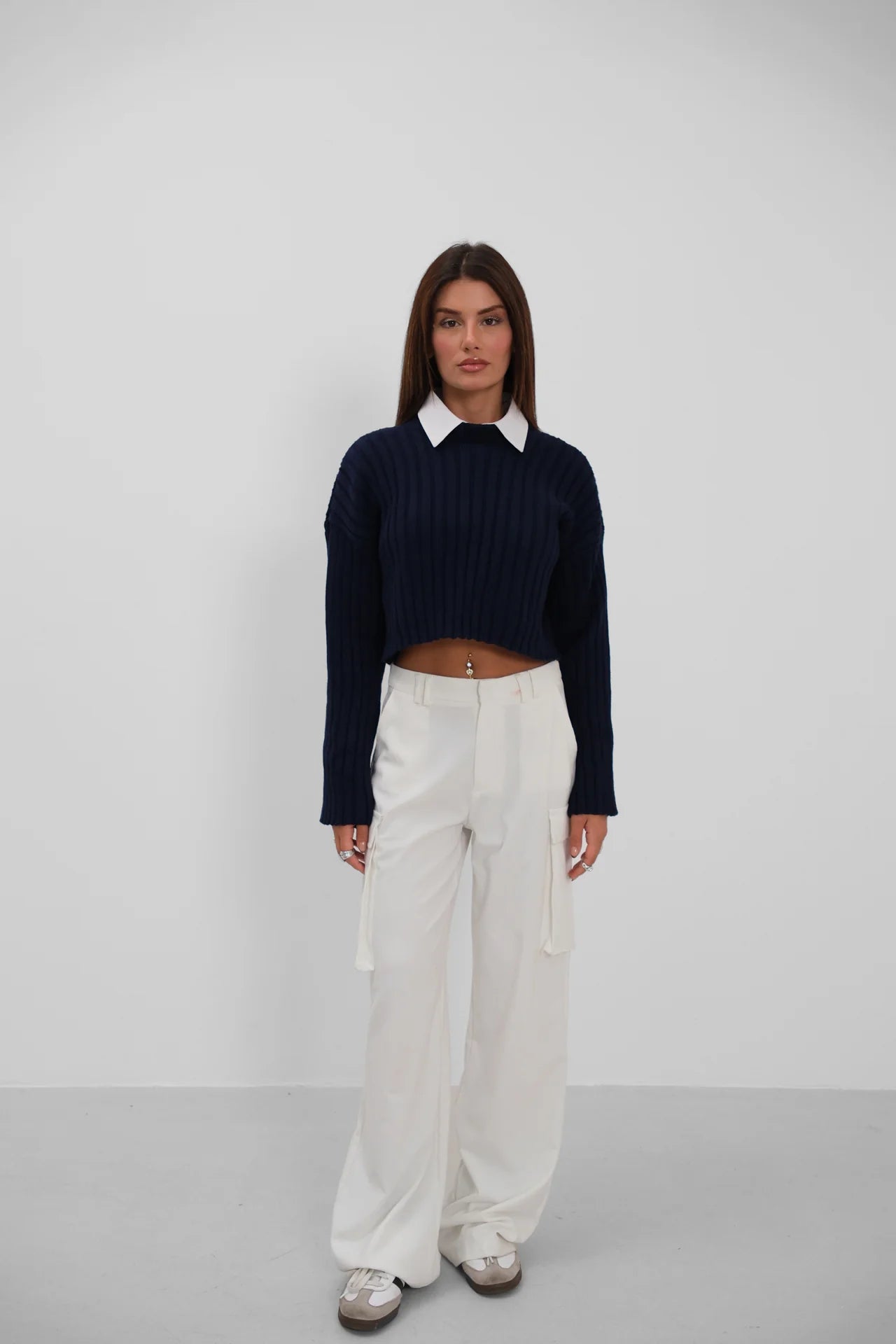 Ribbed Crop Knitwear Navy Blue Sweater