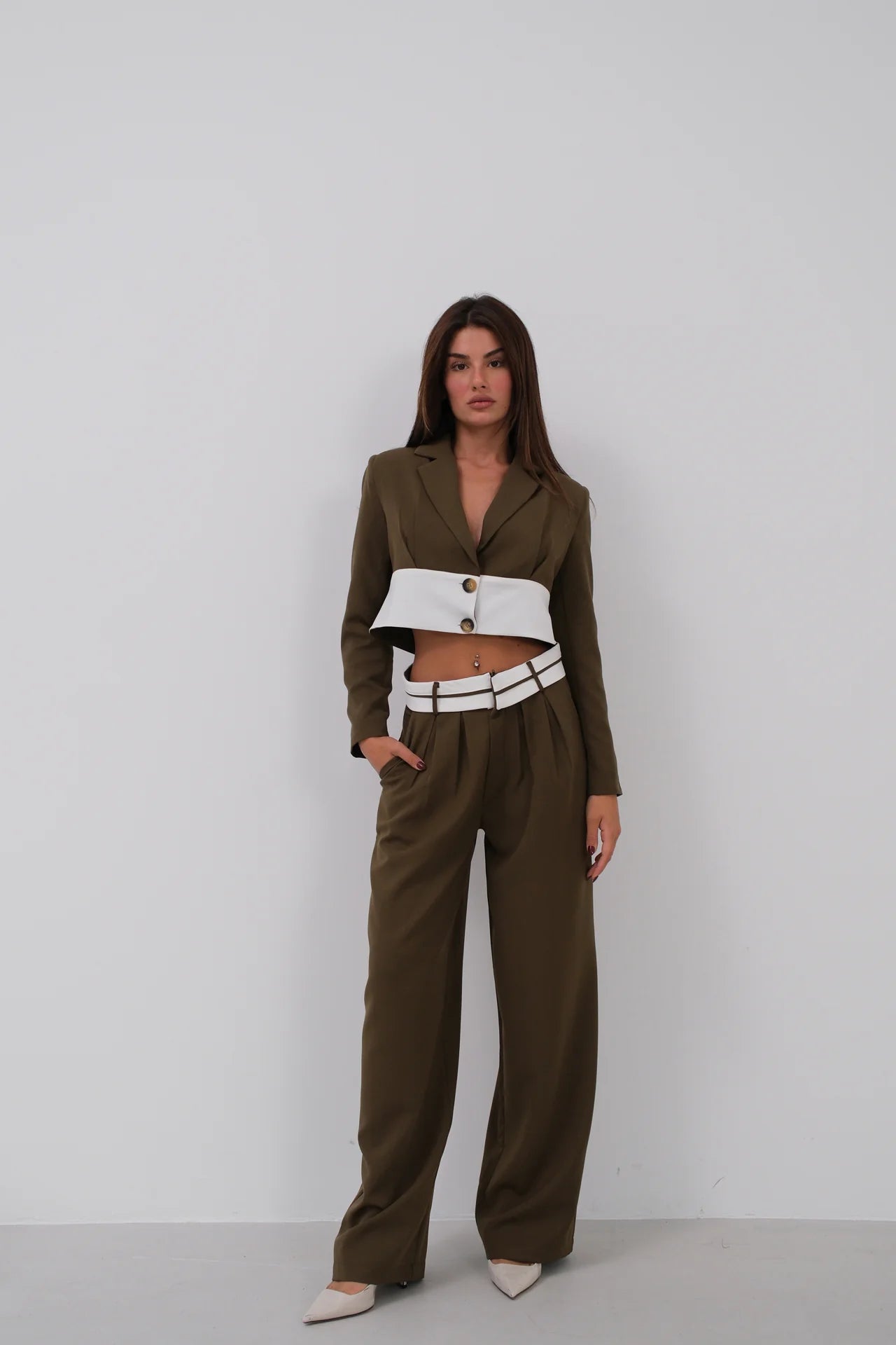 Garnished Jacket Trousers Khaki Suit