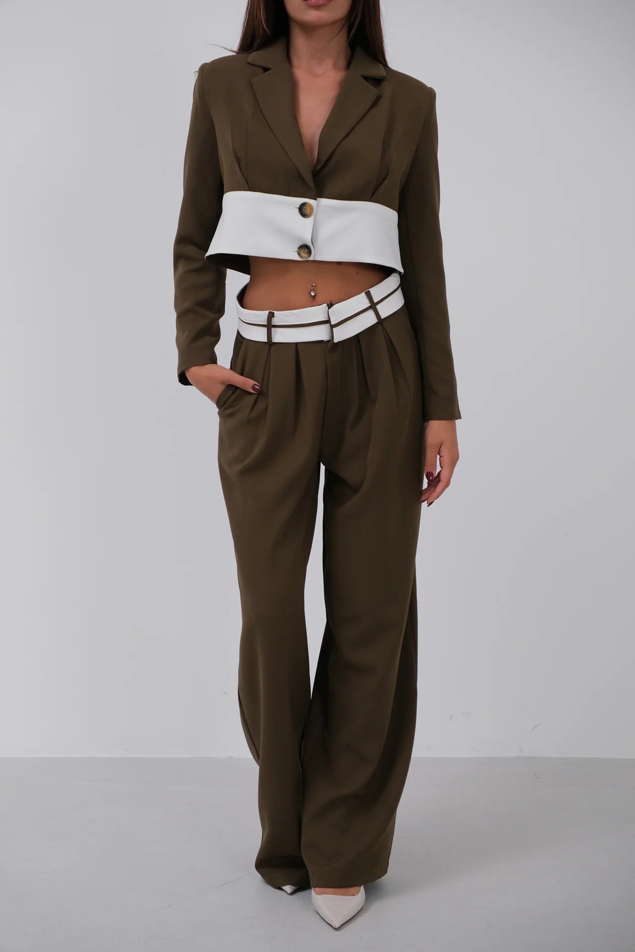 Garnished Jacket Trousers Khaki Suit
