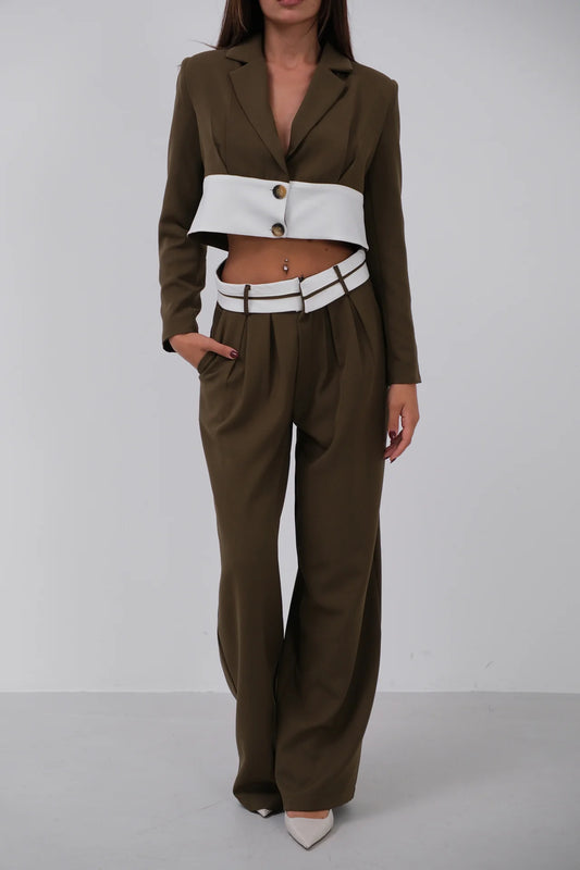 Garnished Jacket Trousers Khaki Suit
