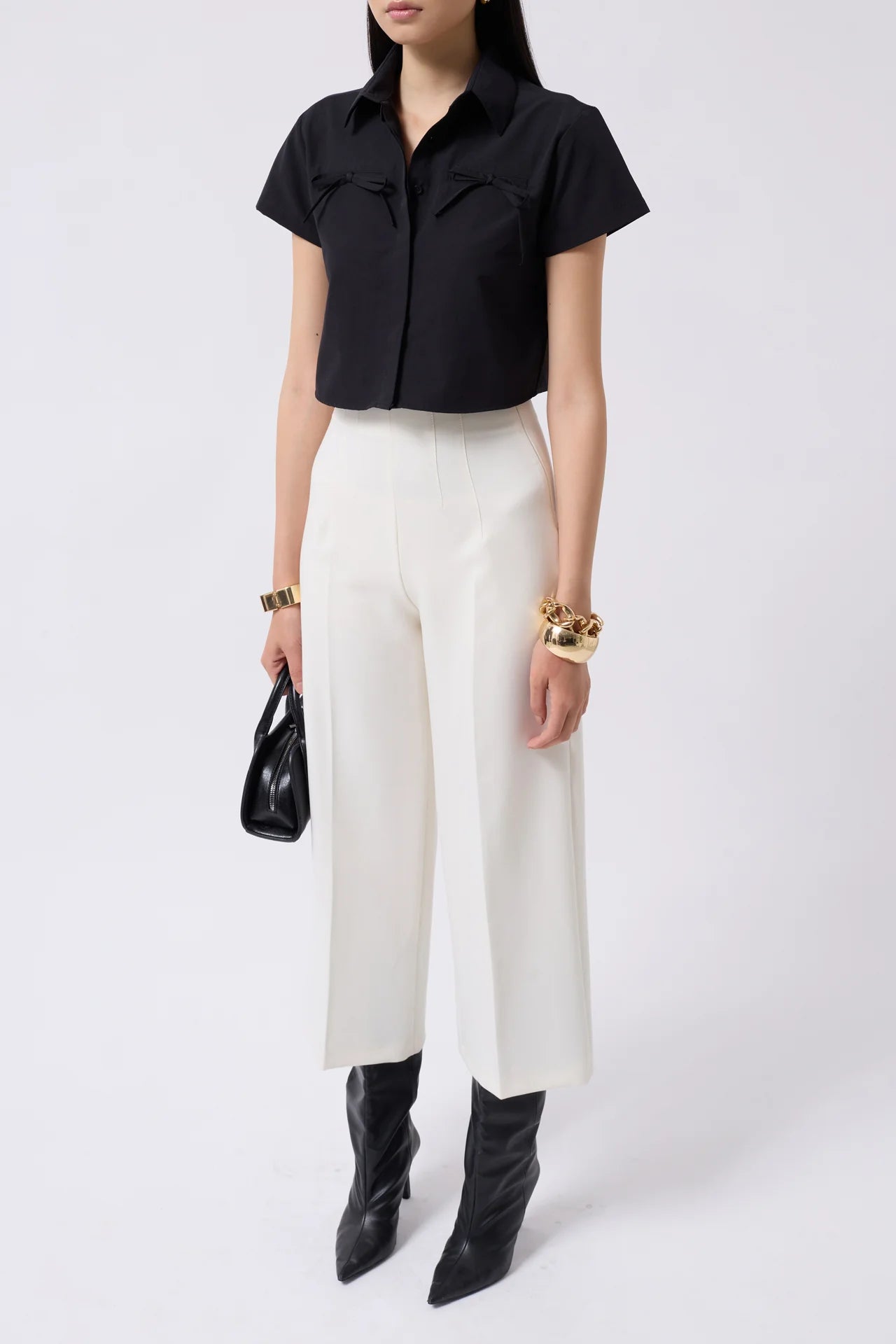 Ribbon Detail Crop Blue Shirt